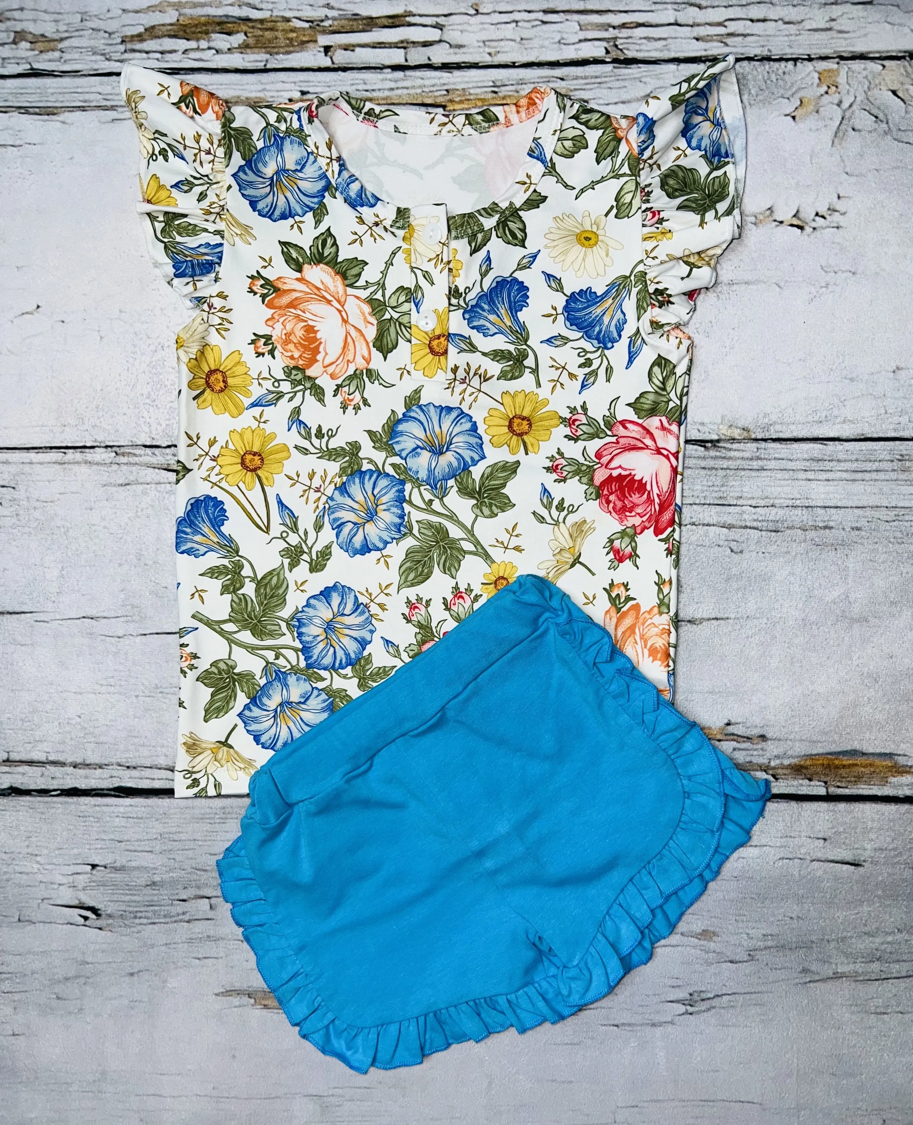 Turquoise floral short sleeve 2pc short & top set DLH1215-13