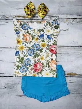 Turquoise floral short sleeve 2pc short & top set DLH1215-13