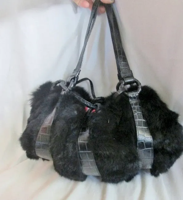 VALERIE STEVENS BLACK FUR Purse Tote Bowler Satchel Clutch Shoulder Bag GLAM