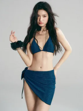 Velvet Textured Bikini Top with Side Tie Skirt Set