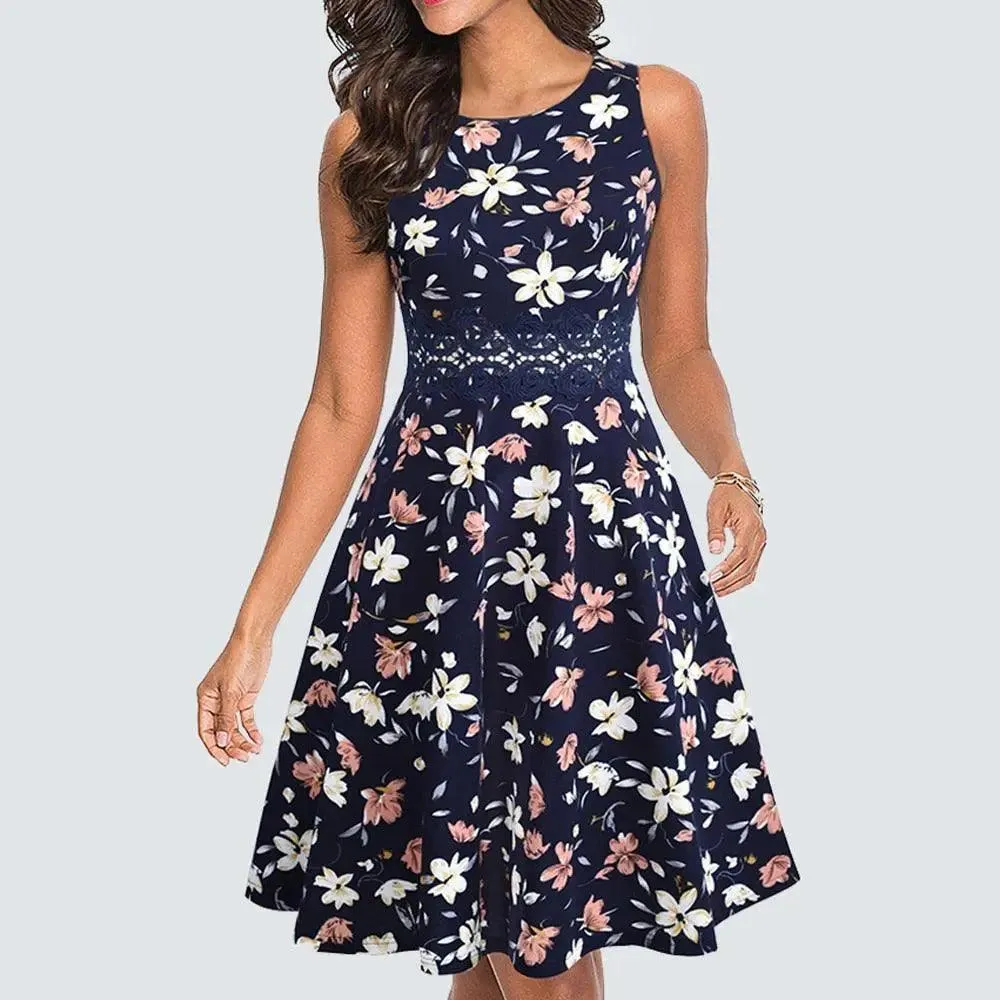 Vintage Navy Elegant Floral Swing Dress