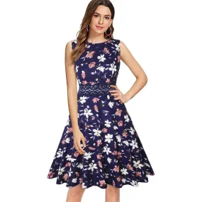 Vintage Navy Elegant Floral Swing Dress