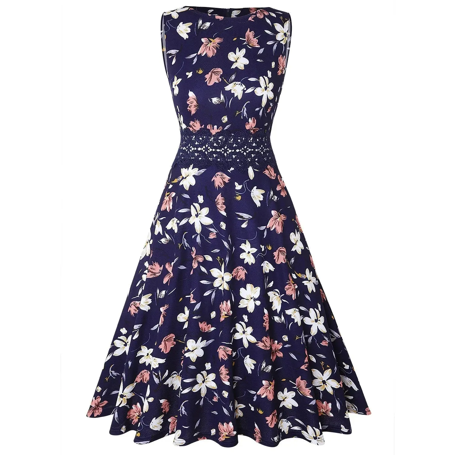 Vintage Navy Elegant Floral Swing Dress