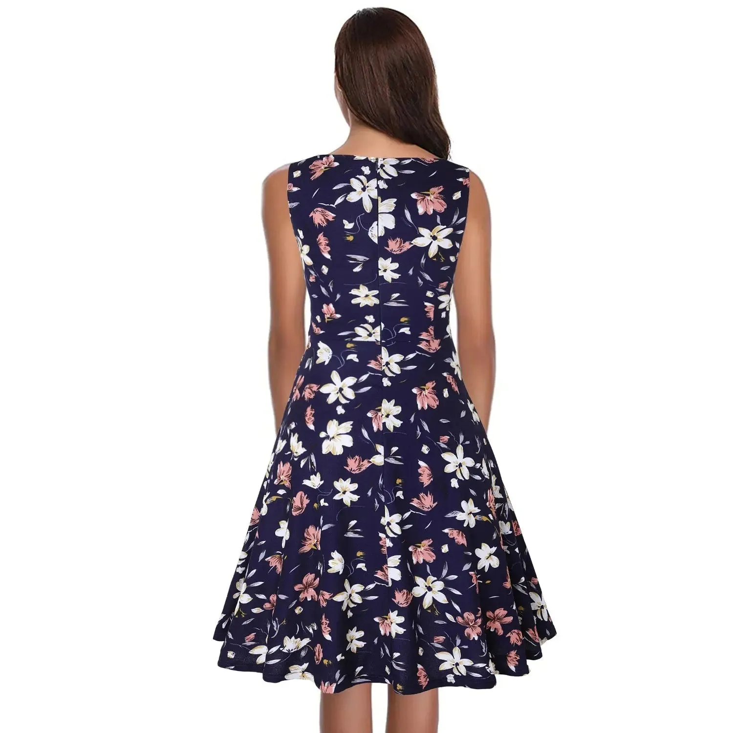 Vintage Navy Elegant Floral Swing Dress