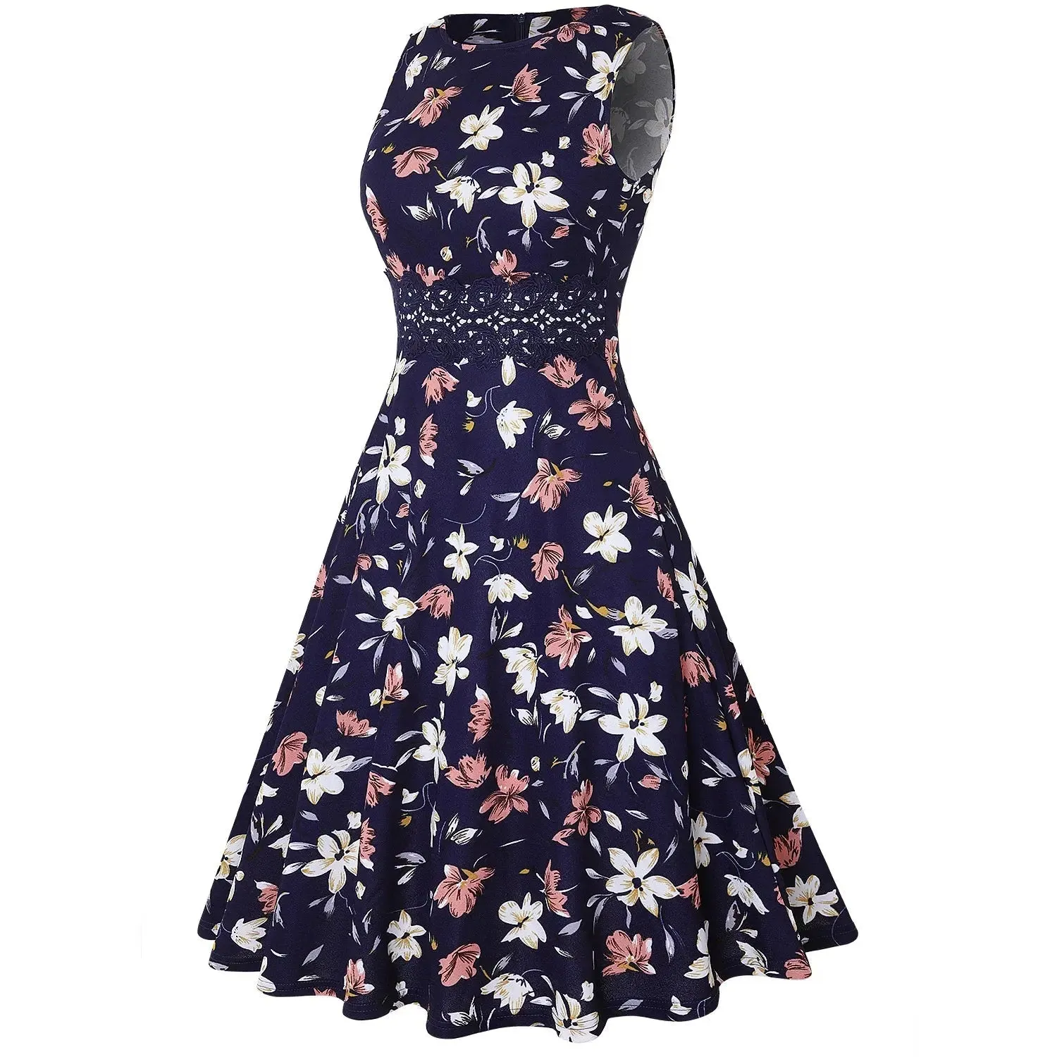 Vintage Navy Elegant Floral Swing Dress