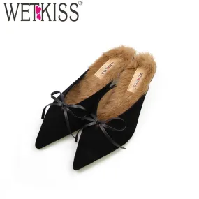 WETKISS Elegant Ladies Bow Pointed toe Suede Leather