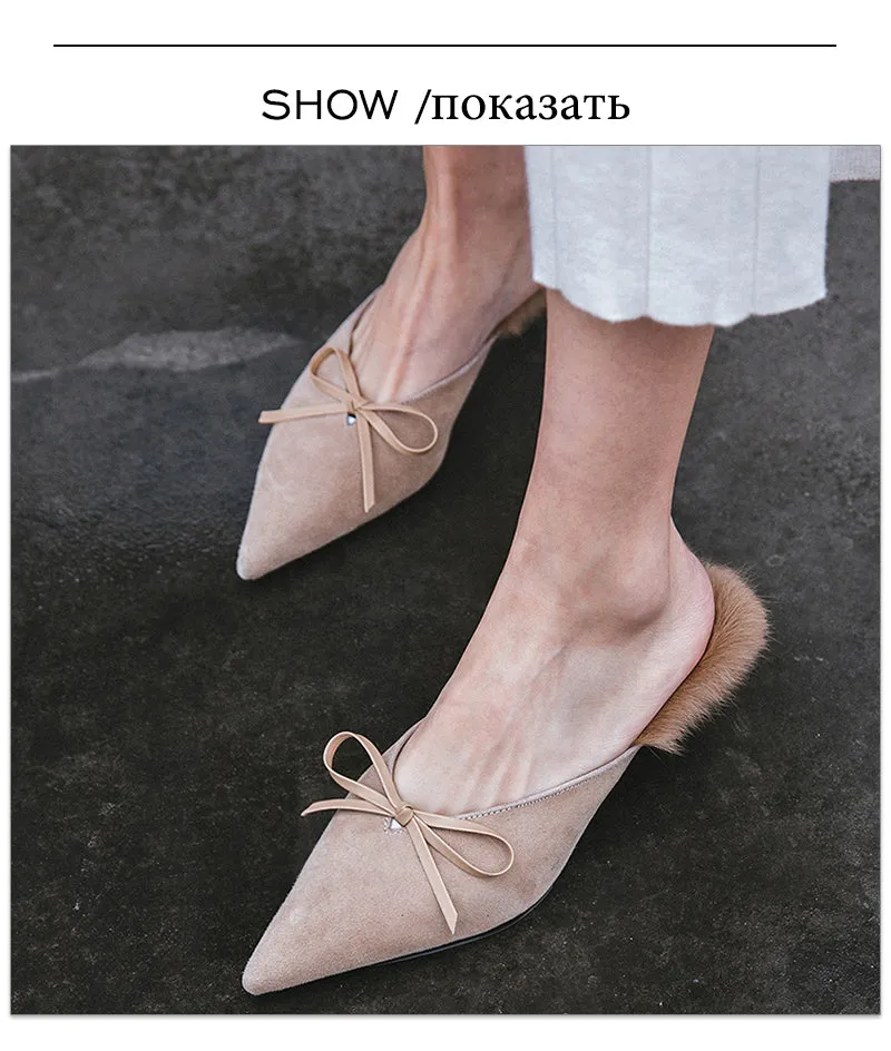 WETKISS Elegant Ladies Bow Pointed toe Suede Leather