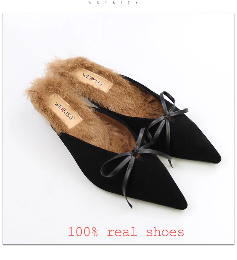 WETKISS Elegant Ladies Bow Pointed toe Suede Leather