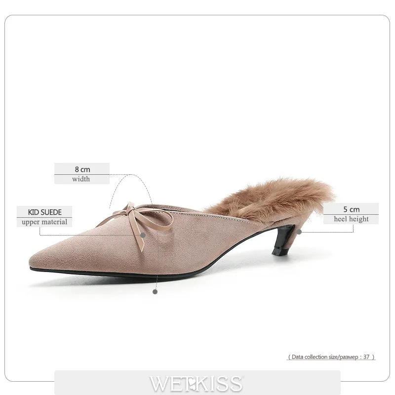 WETKISS Elegant Ladies Bow Pointed toe Suede Leather