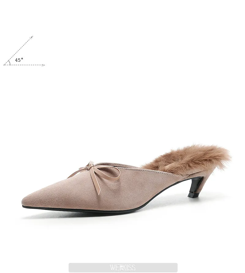 WETKISS Elegant Ladies Bow Pointed toe Suede Leather