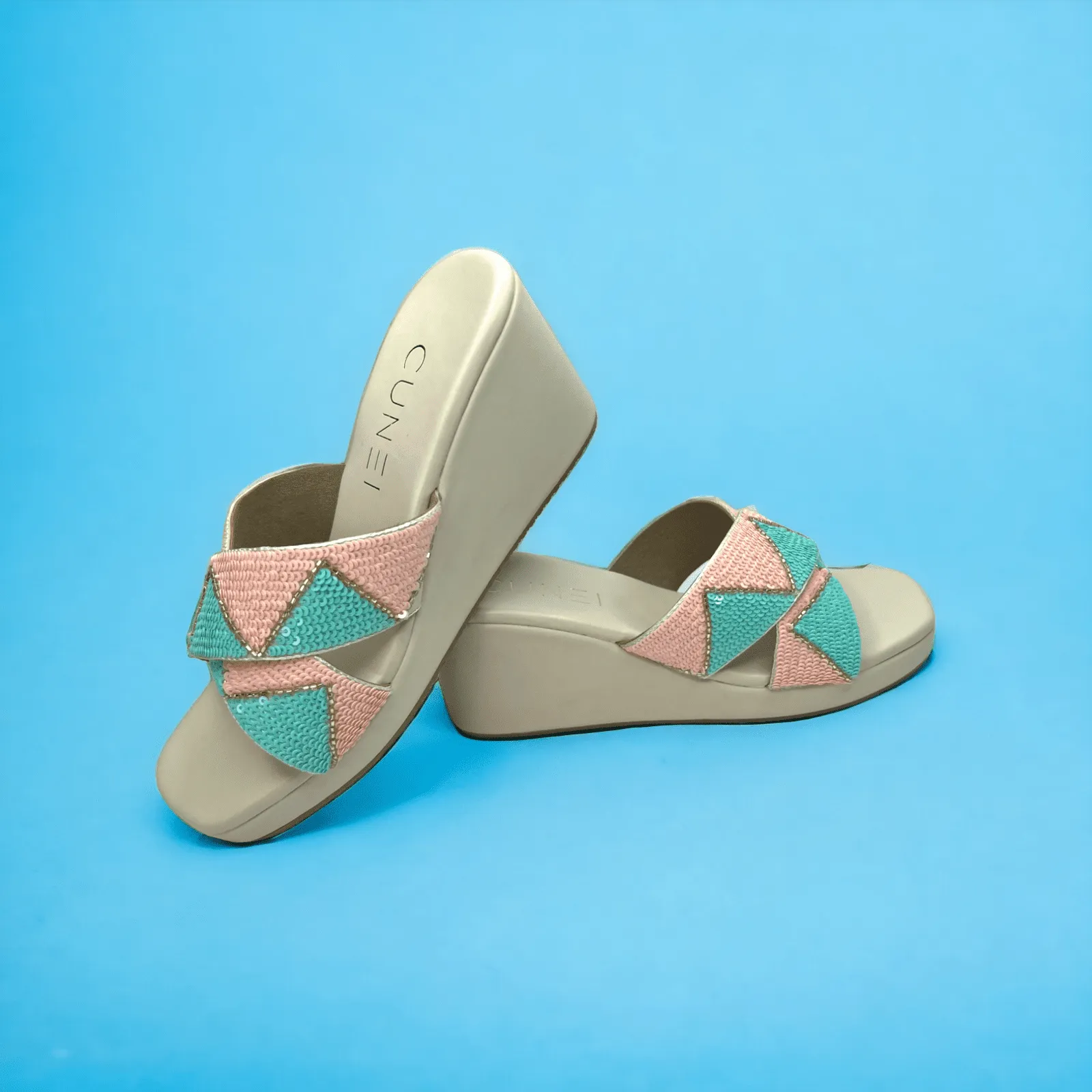 Whimsical Blue and Peach Sequin White Wedges