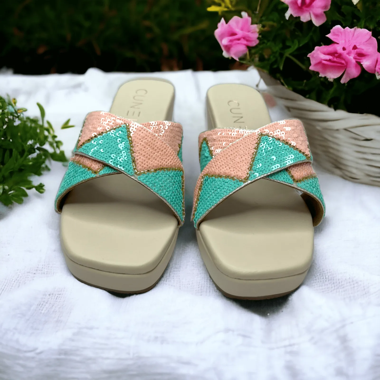 Whimsical Blue and Peach Sequin White Wedges