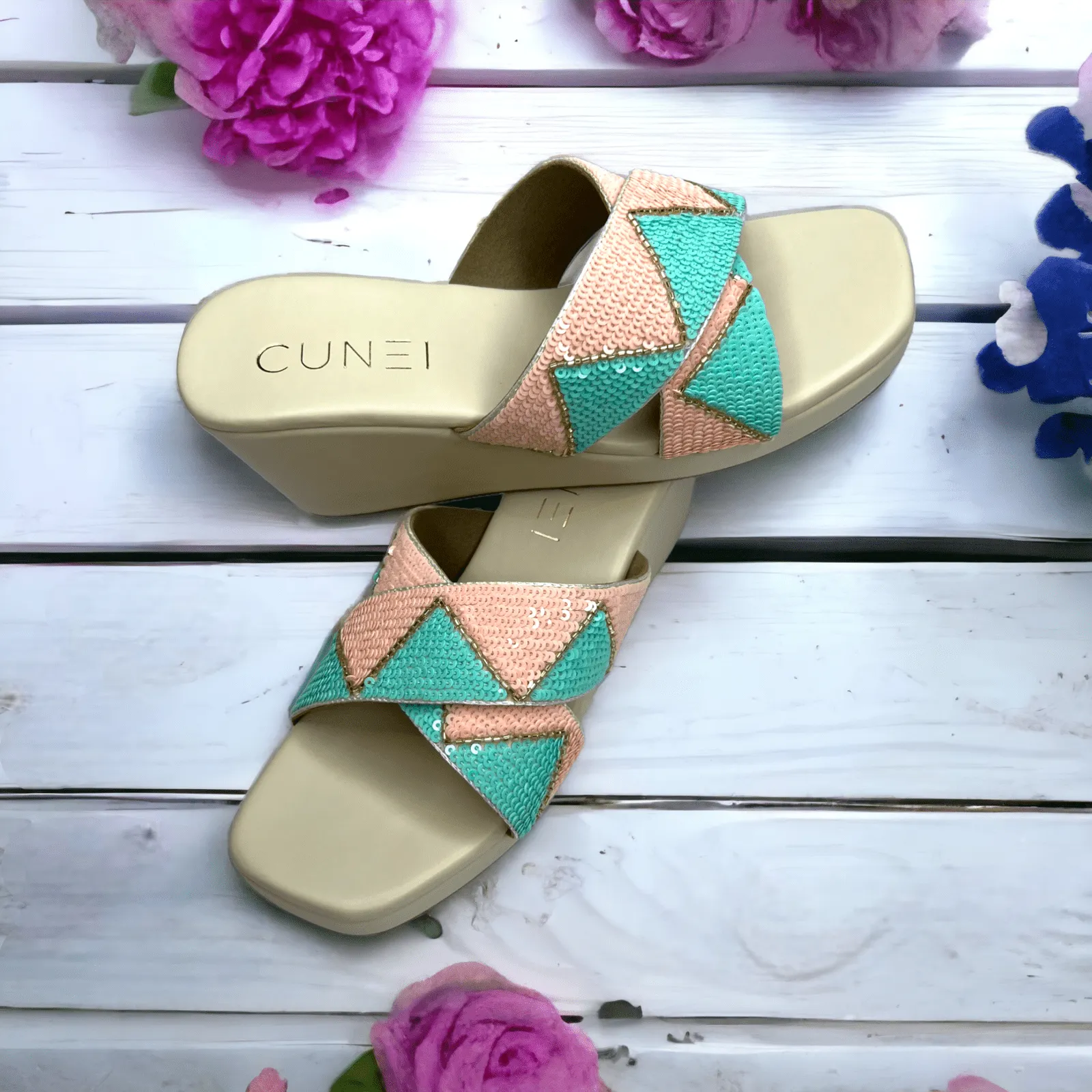 Whimsical Blue and Peach Sequin White Wedges