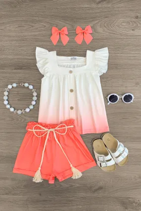 White & Coral Ombre Short Set