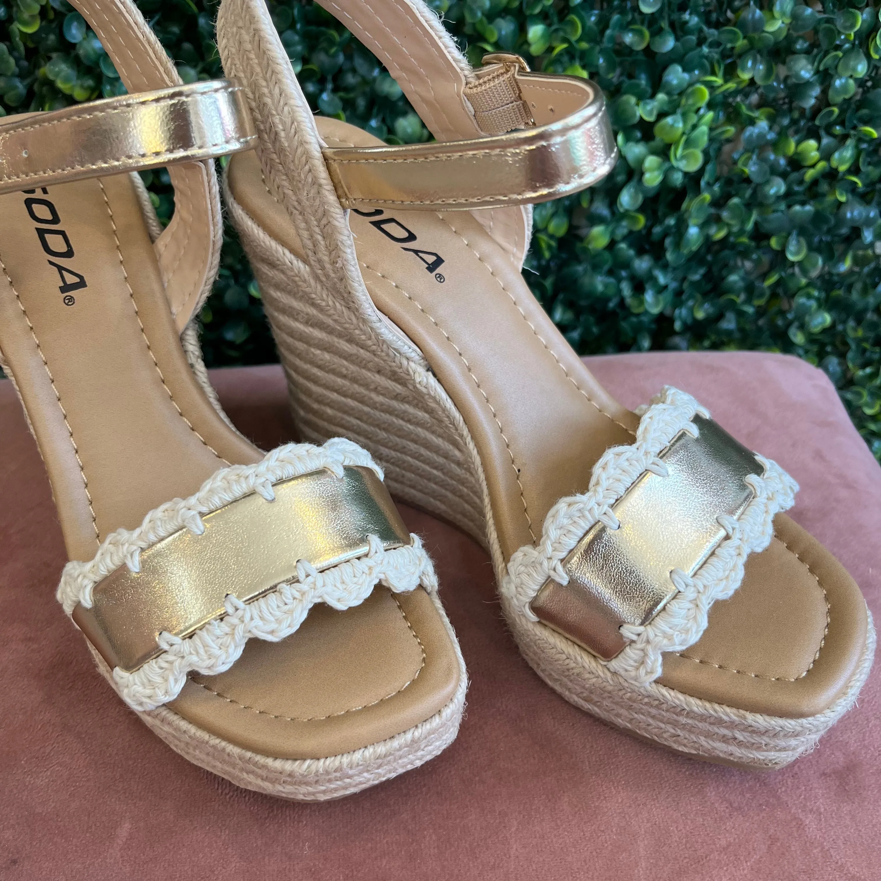 Whitney Crochet Laced Edge Gold Strap Wedges