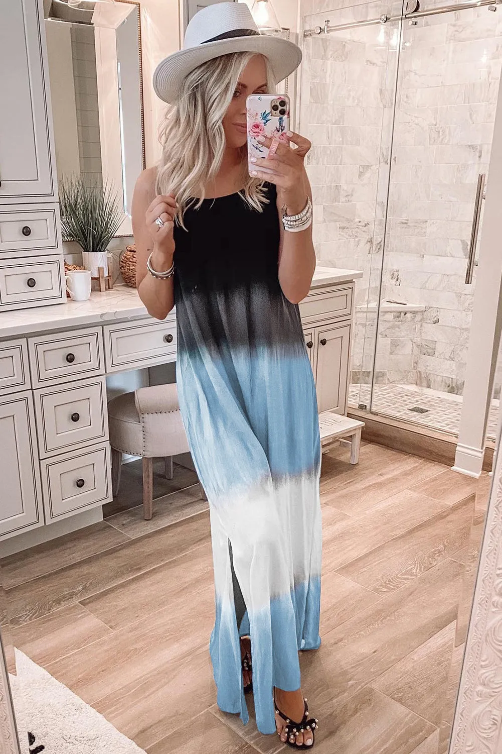 Wholesale Sky Blue Tie Dye Spaghetti Strap Slit Maxi Dress