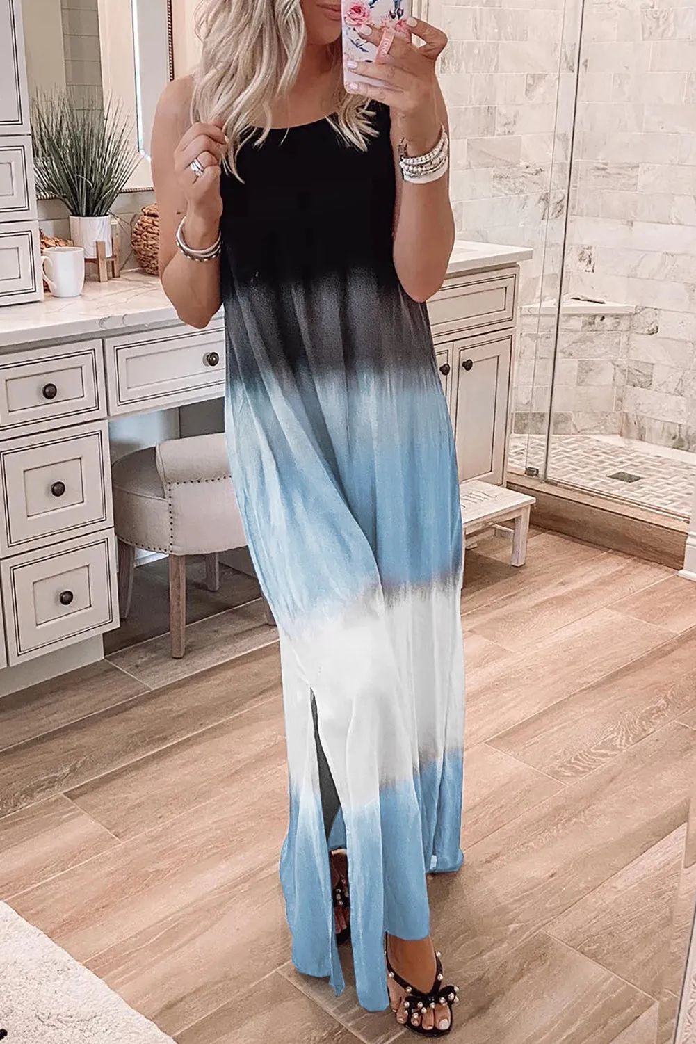 Wholesale Sky Blue Tie Dye Spaghetti Strap Slit Maxi Dress