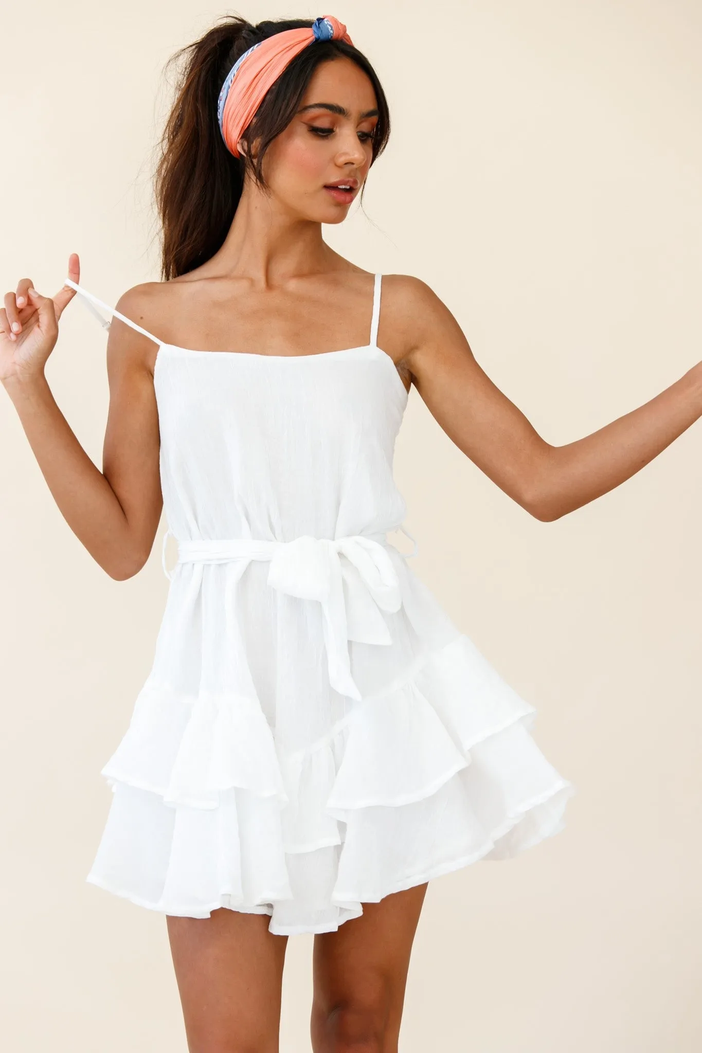 Wilshire Tiered Ruffle Hem Spaghetti Strap Dress White