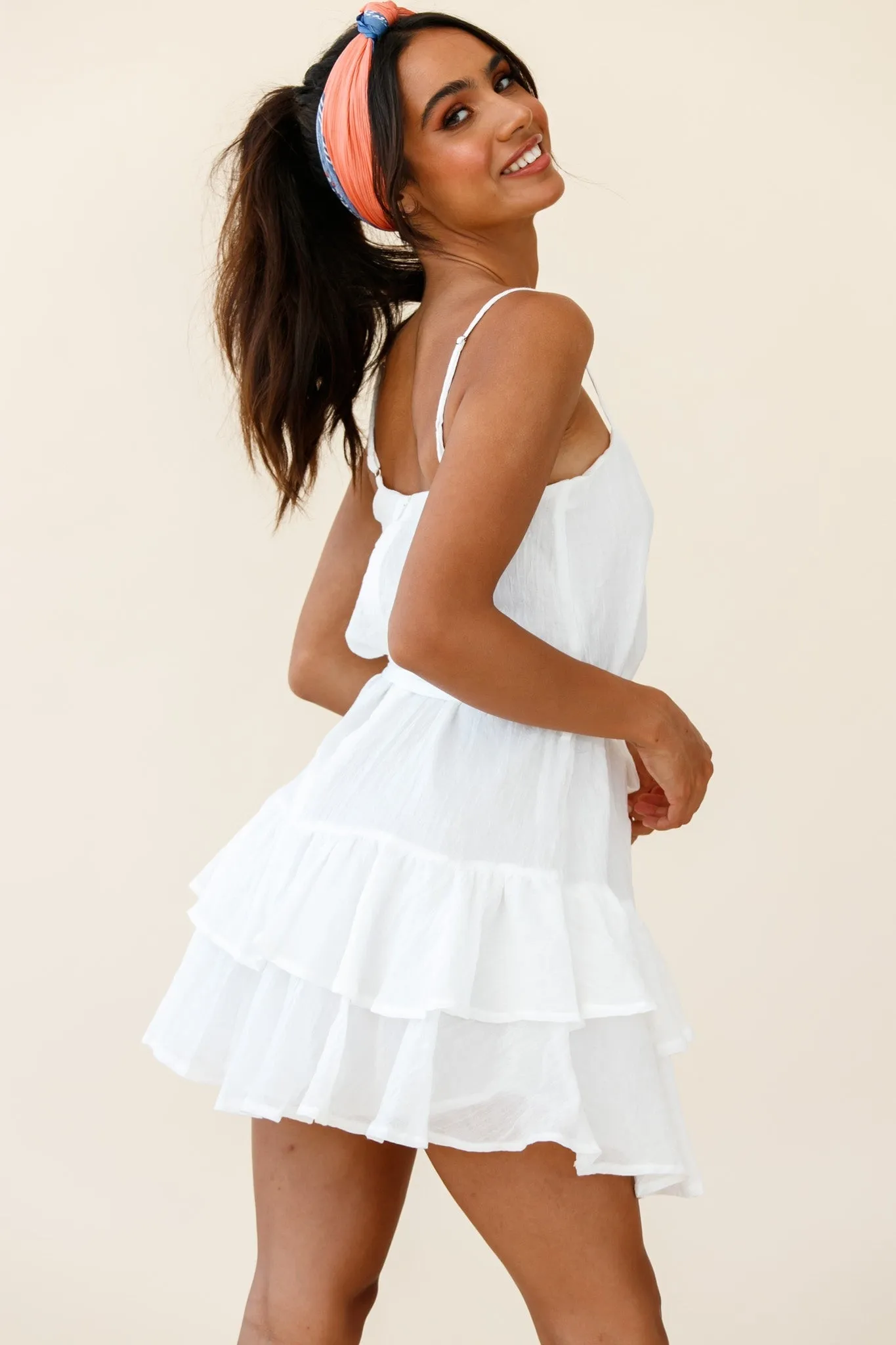 Wilshire Tiered Ruffle Hem Spaghetti Strap Dress White