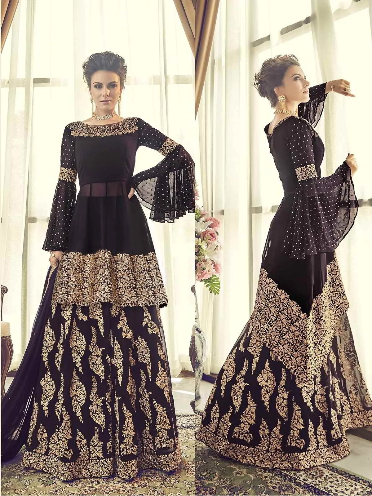 Wine Embellished Indo-Western Style Gharara Suit