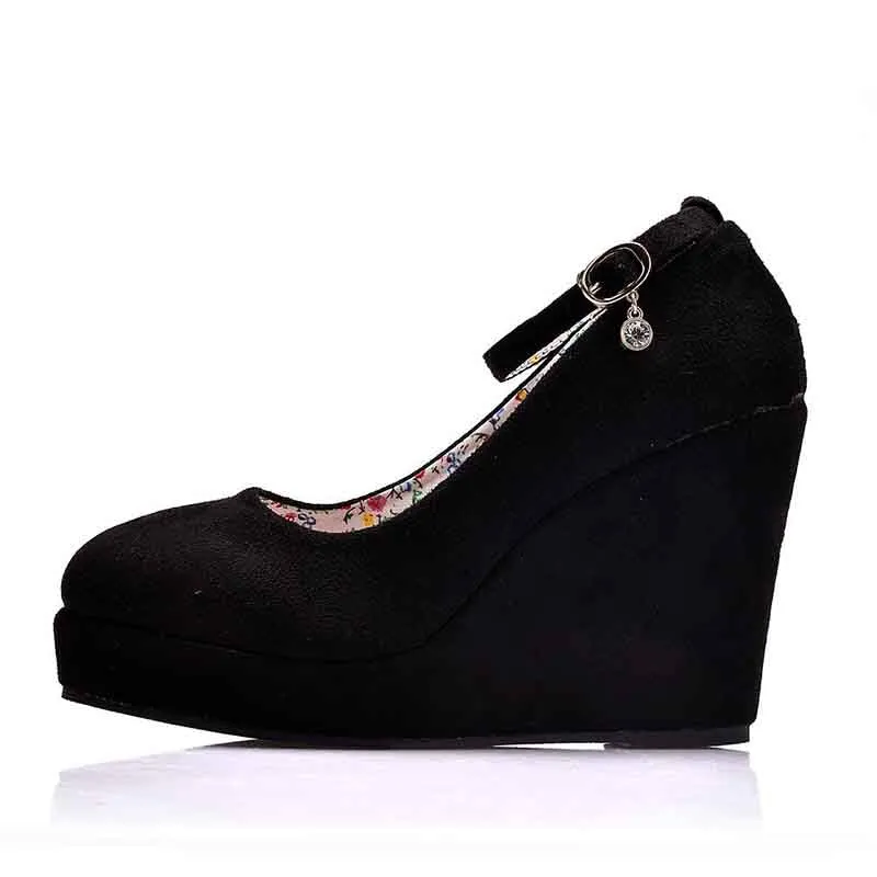 Women Ankle Strap Platform Wedge Shoes Black Red Color Wedges