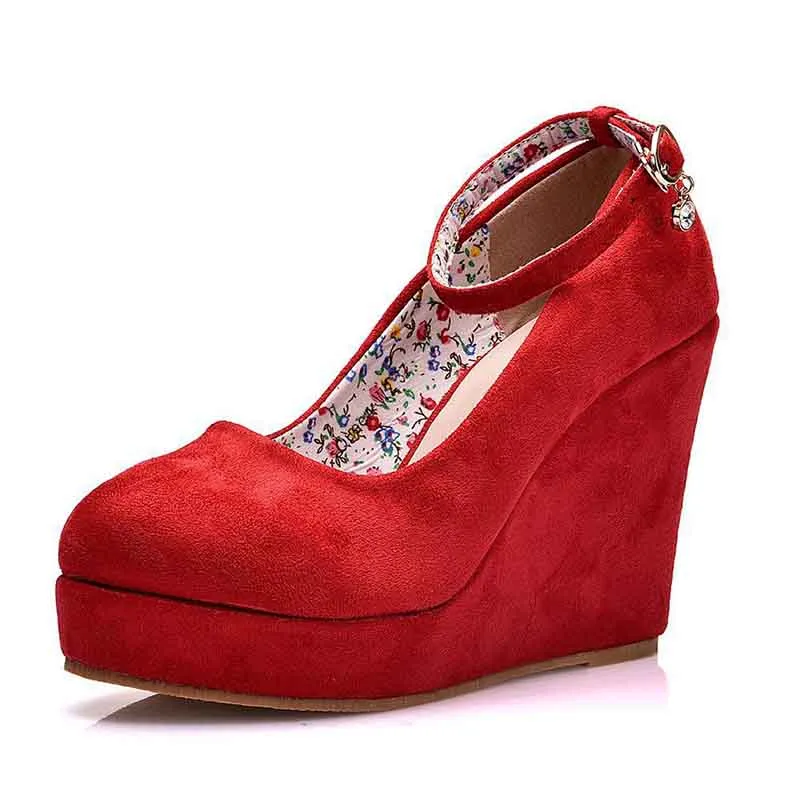 Women Ankle Strap Platform Wedge Shoes Black Red Color Wedges