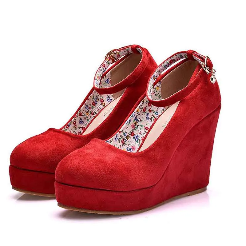 Women Ankle Strap Platform Wedge Shoes Black Red Color Wedges