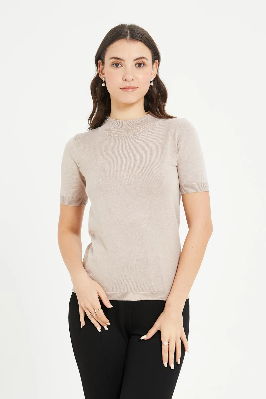 Women Beige High Neck Pullover