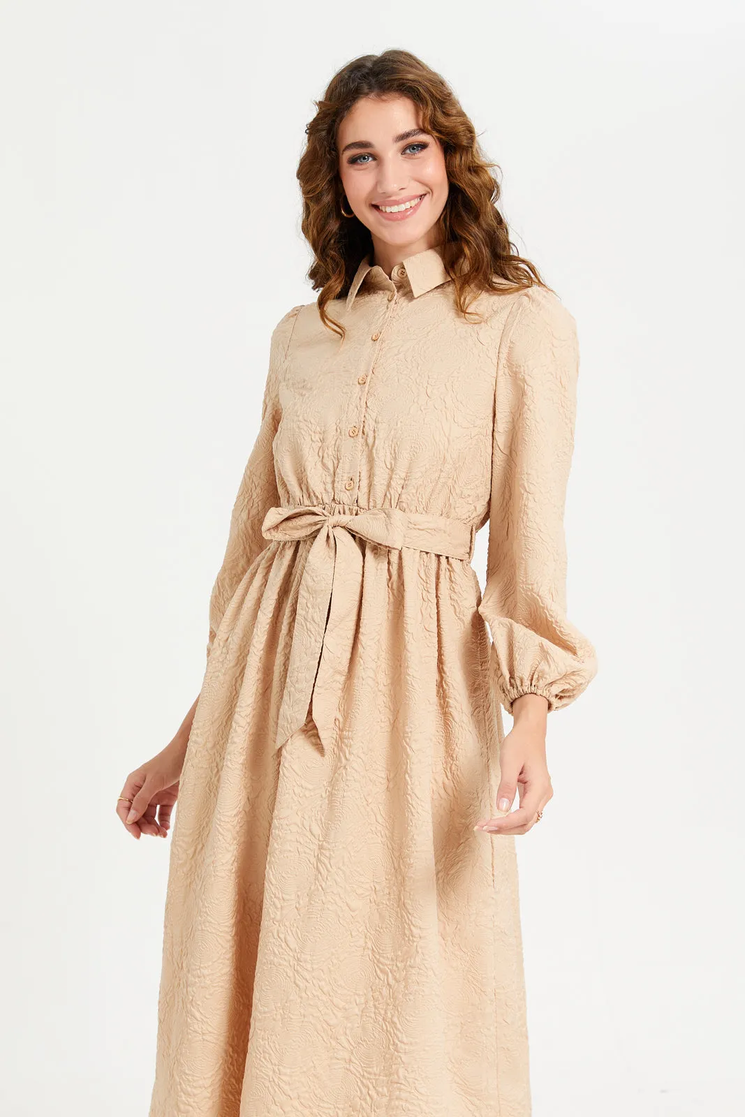 Women Beige Jacquard Dress With Belt