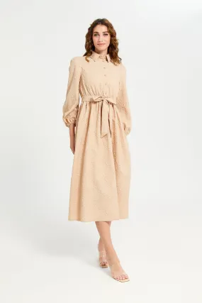 Women Beige Jacquard Dress With Belt