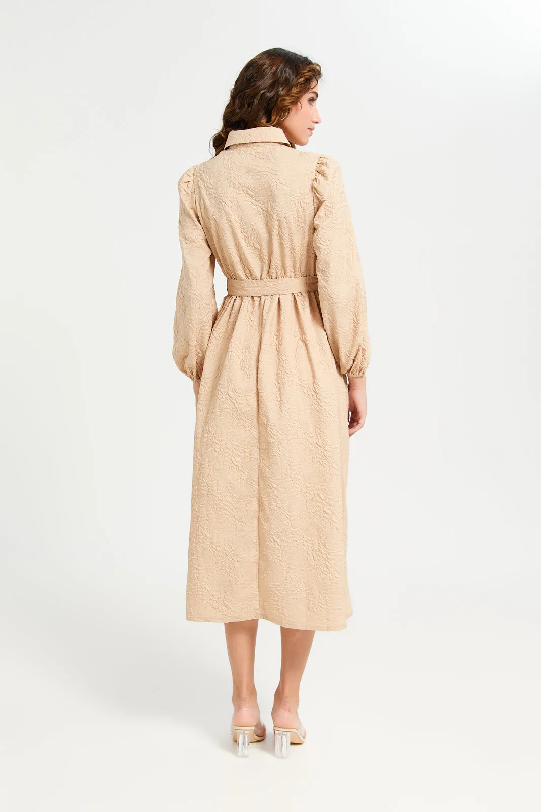 Women Beige Jacquard Dress With Belt