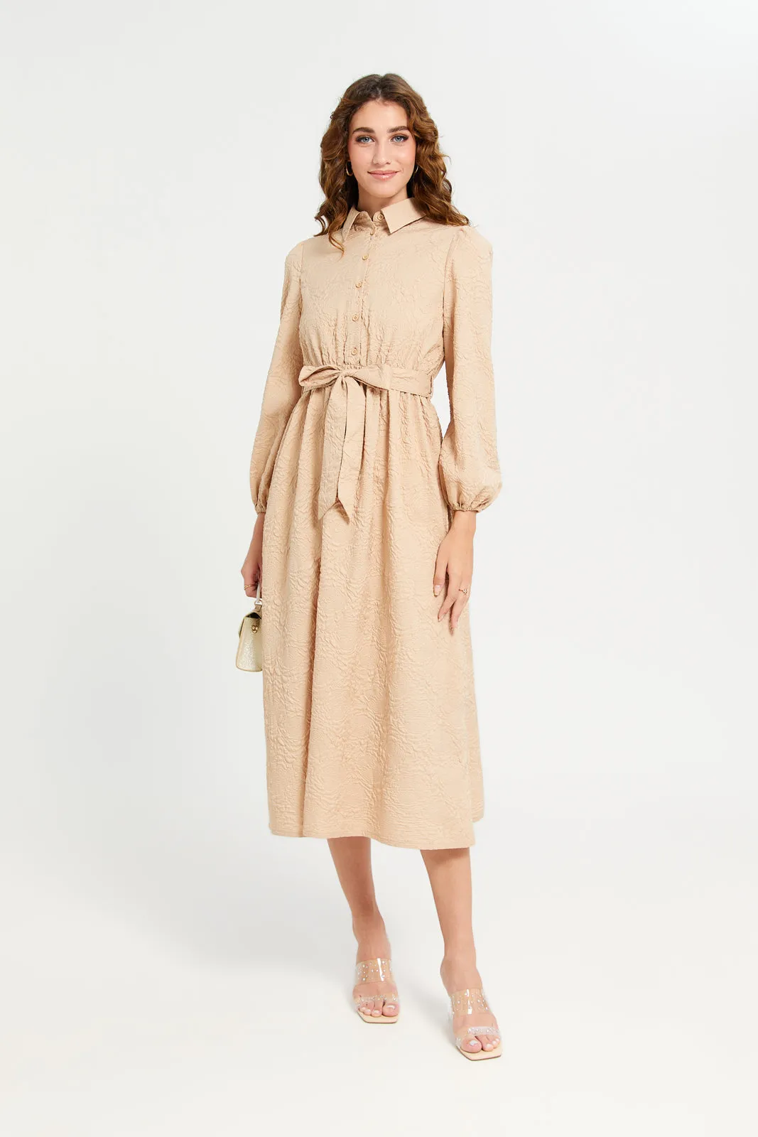 Women Beige Jacquard Dress With Belt