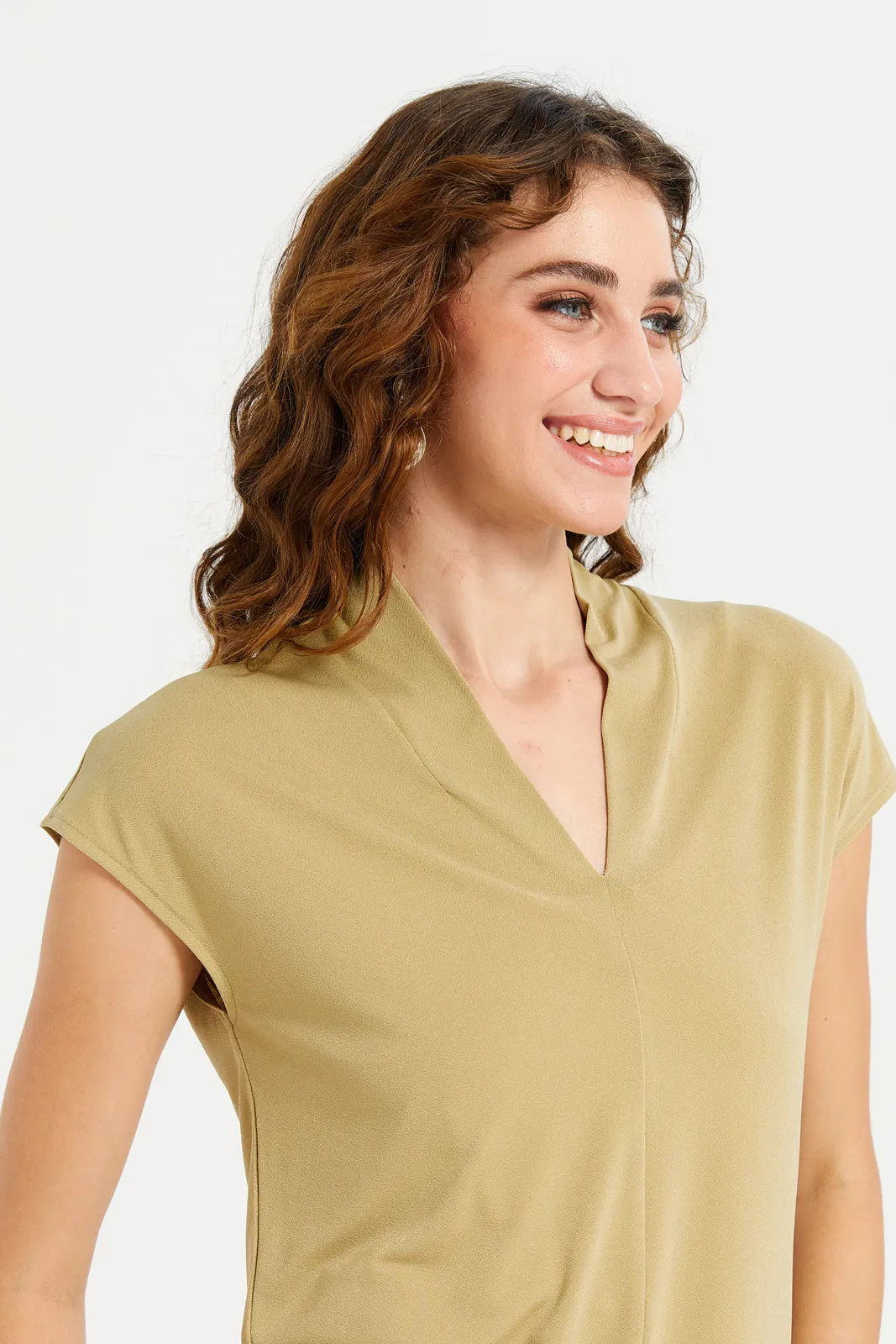 Women Beige Plain Drop Shoulder Jersey Top