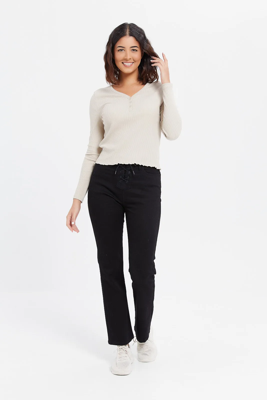 Women Black Eyelet Detail Flare Jeans