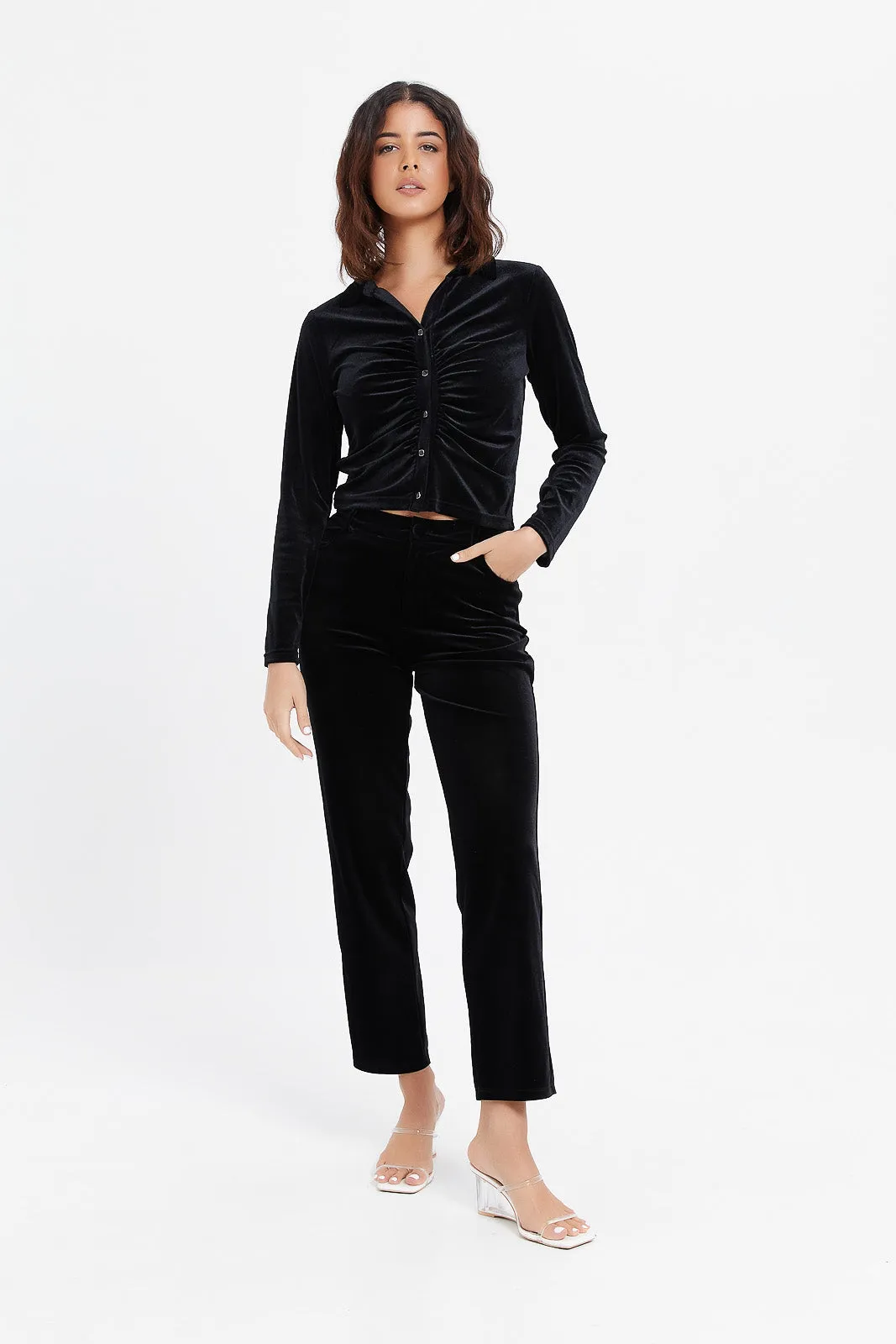 Women Black Velvet Rouched Shirt