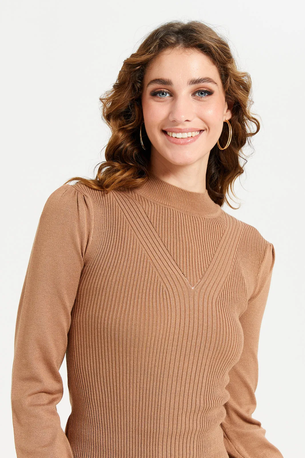 Women Brown Textured Knit High Neck Top