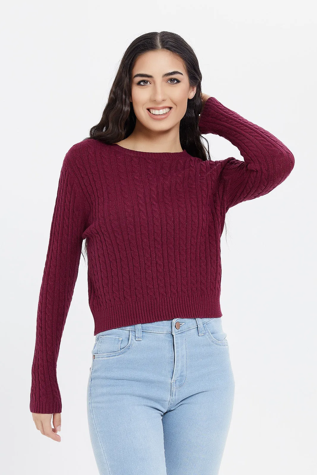 Women Burgundy Knitted Pullover