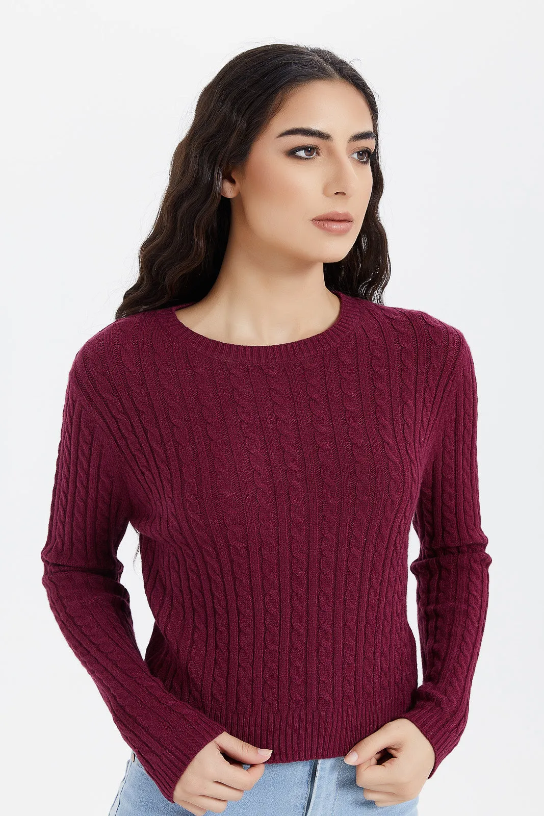 Women Burgundy Knitted Pullover