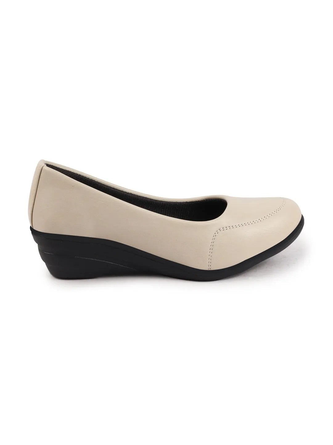 Women Cream Formal Platform Wedge Heel Slip On Ballerina Shoes