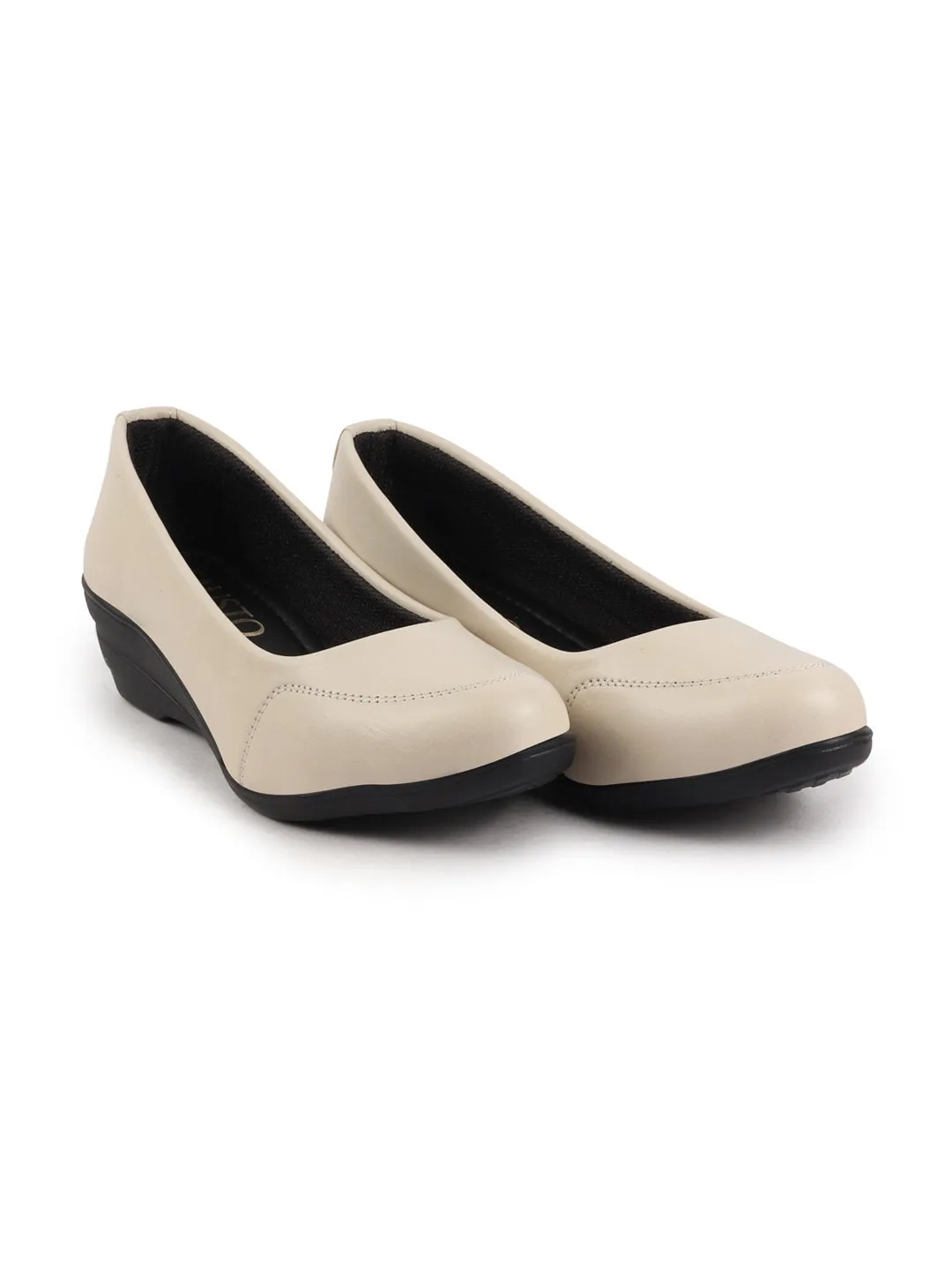 Women Cream Formal Platform Wedge Heel Slip On Ballerina Shoes