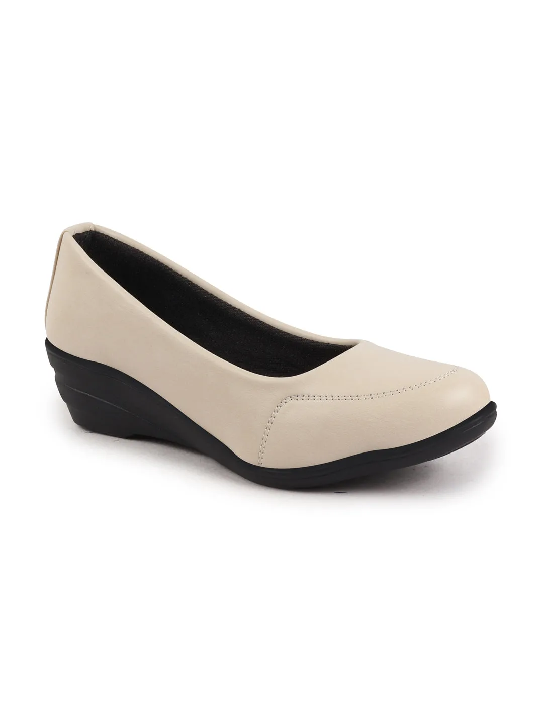 Women Cream Formal Platform Wedge Heel Slip On Ballerina Shoes