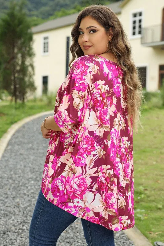 Women Floral Print Short Sleeve Plus Size Blouse