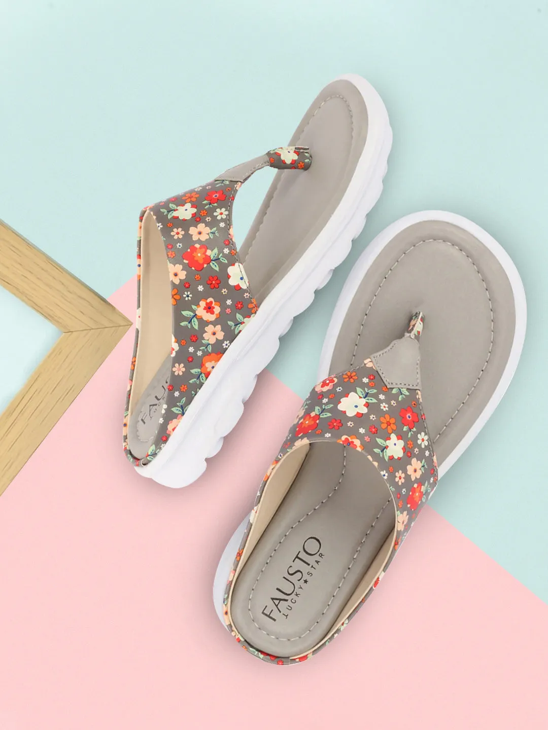 Women Grey Comfort Fashion Stylish Floral Print Design Strap Thong Flats Wedges Slipper