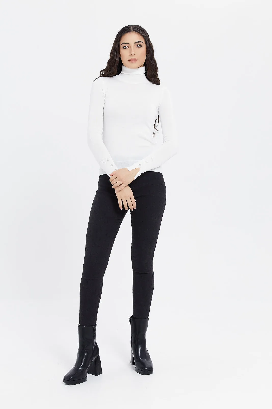 Women Ivory Turtle Neck Pullover