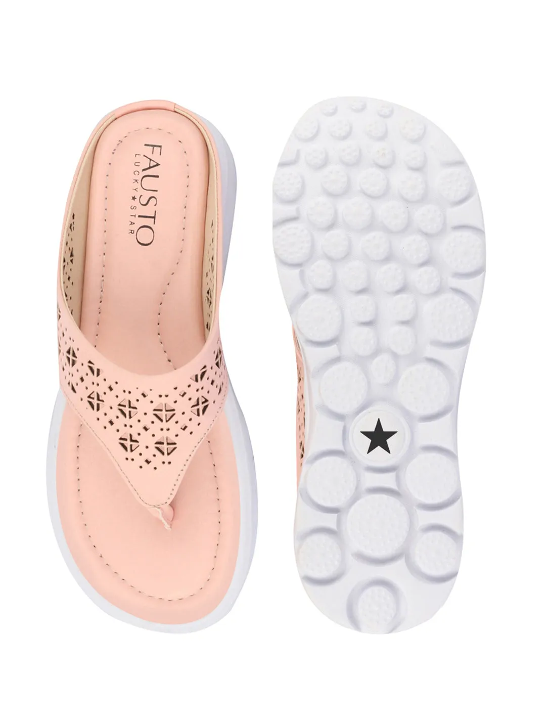 Women Pink Party Fashion Stylish Laser Cut Design Strap Thong Flats Wedges Slipper