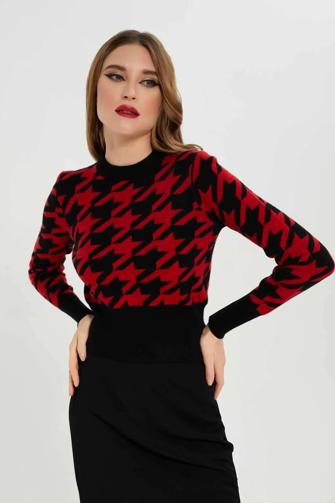 Women Red And Black Printed Pullover