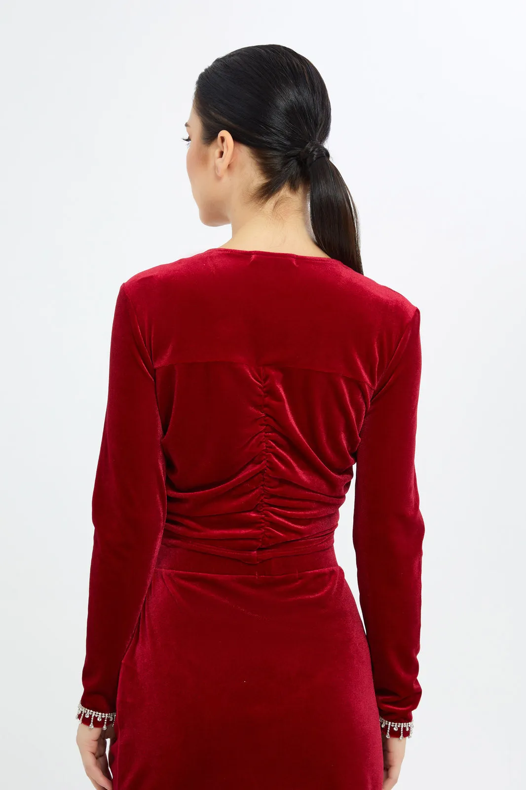 Women Red Velvet Top With Trims