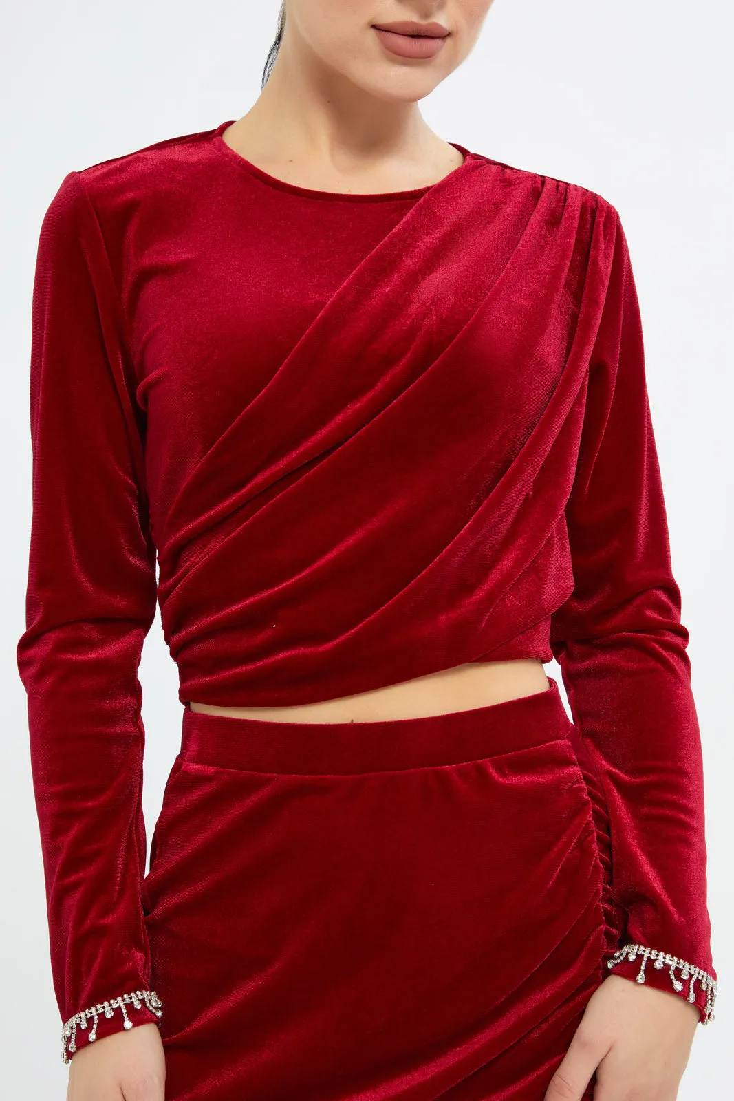 Women Red Velvet Top With Trims