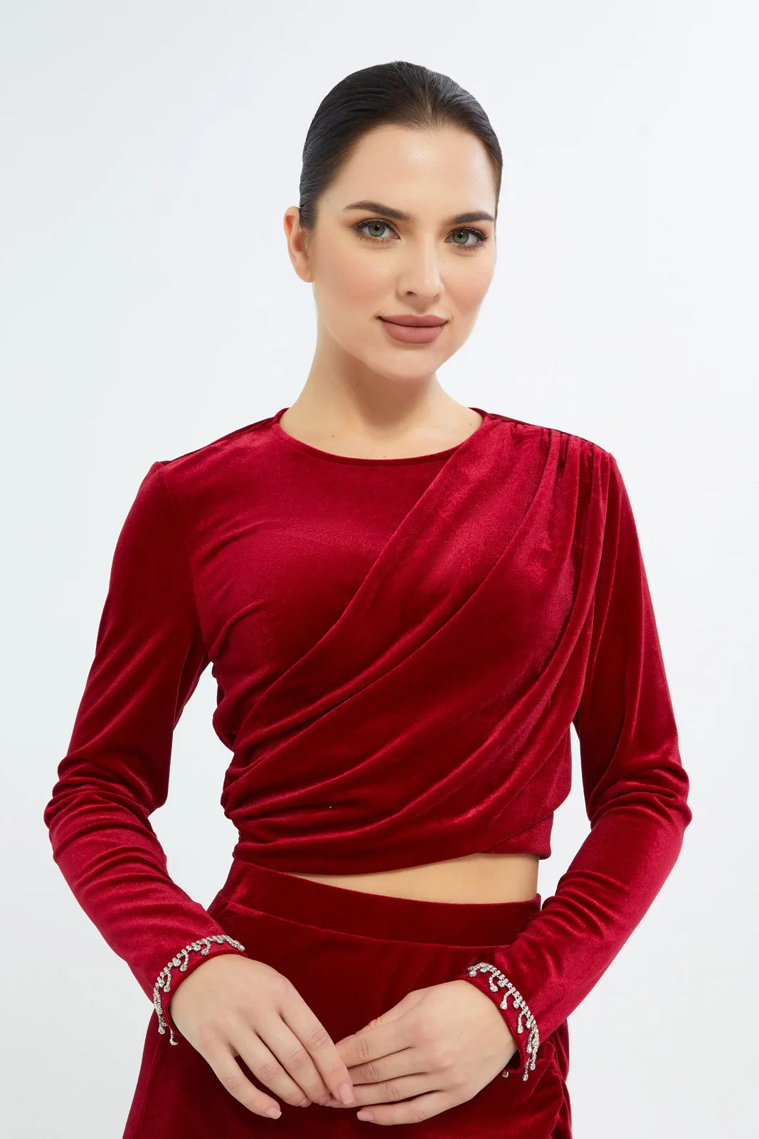 Women Red Velvet Top With Trims