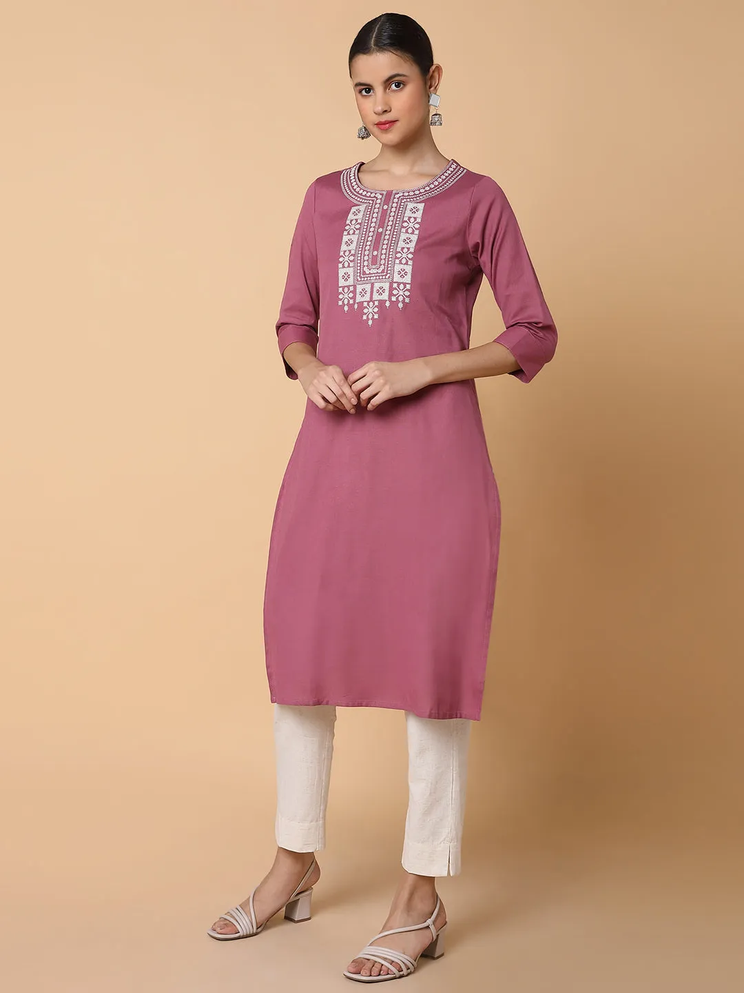 Women Solid Lavender Straight Kurta